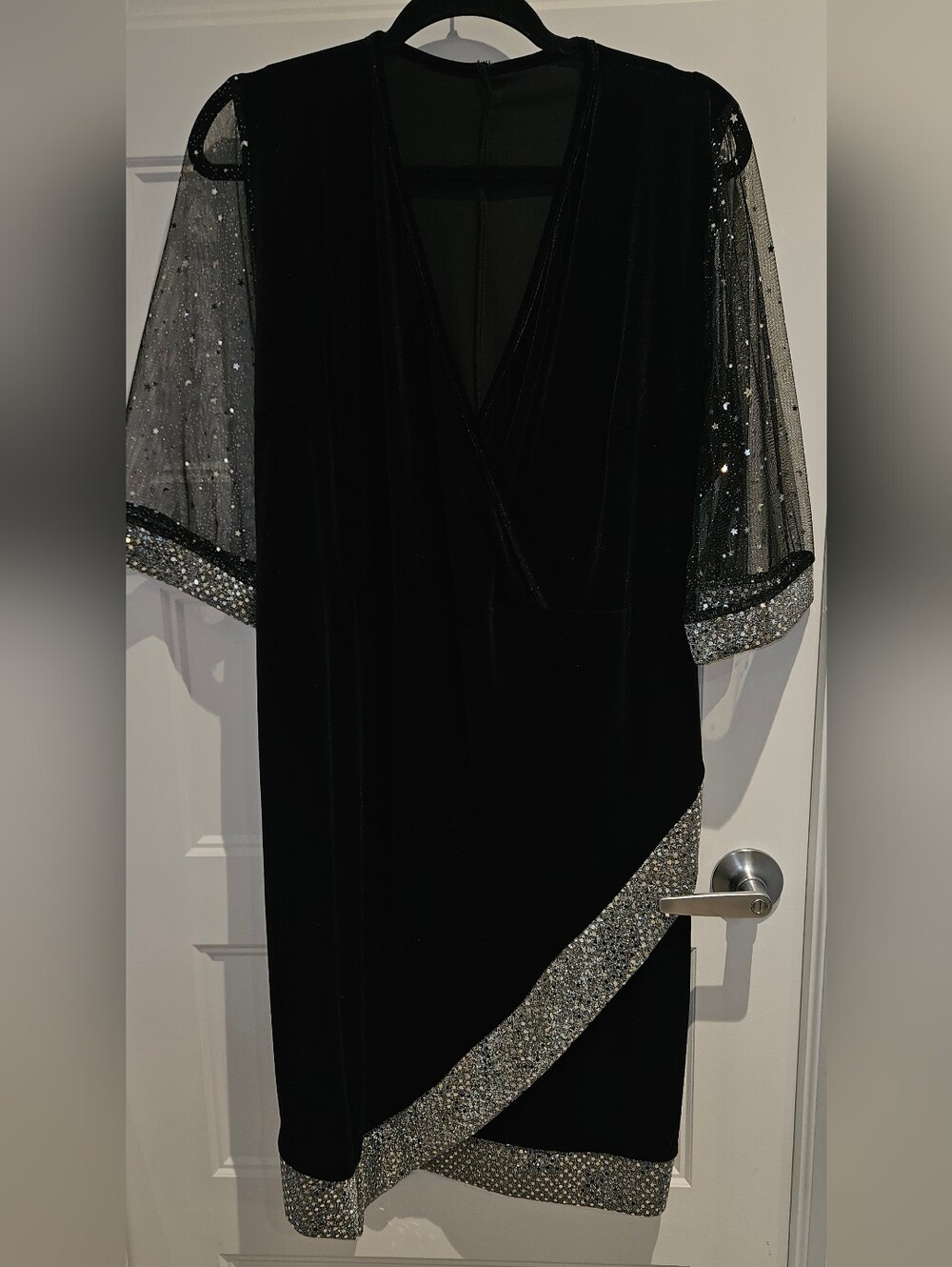 Source Unknown Black Asymmetrical Velvet Dress with Silver Sequin Trim